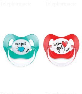 Sucette Physiologique Silicone+6m Messages Coeurs Lot de 2