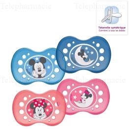 Sucettes symetriques silicone nuit mickey minnie 18 mois et plus x2